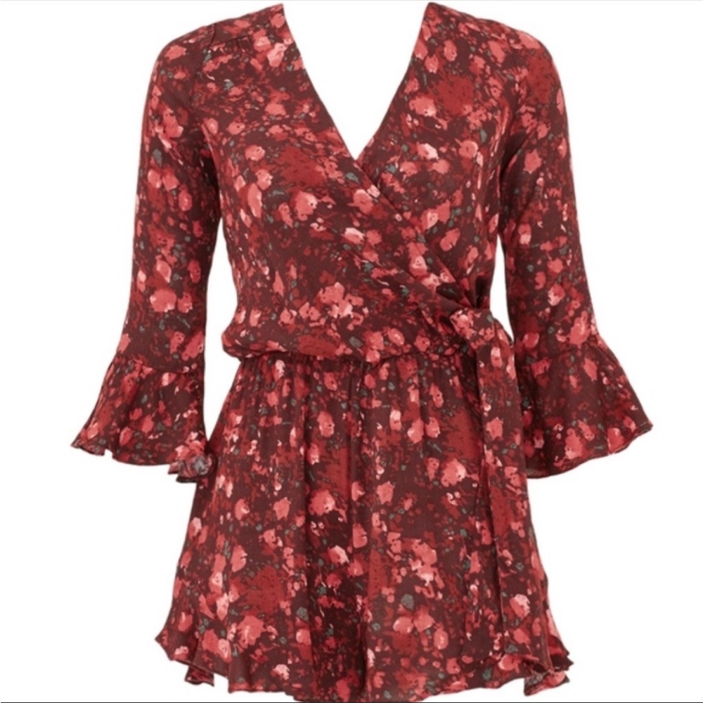 Free People Red Floral Summer Romper Ruffle Sleeves XS